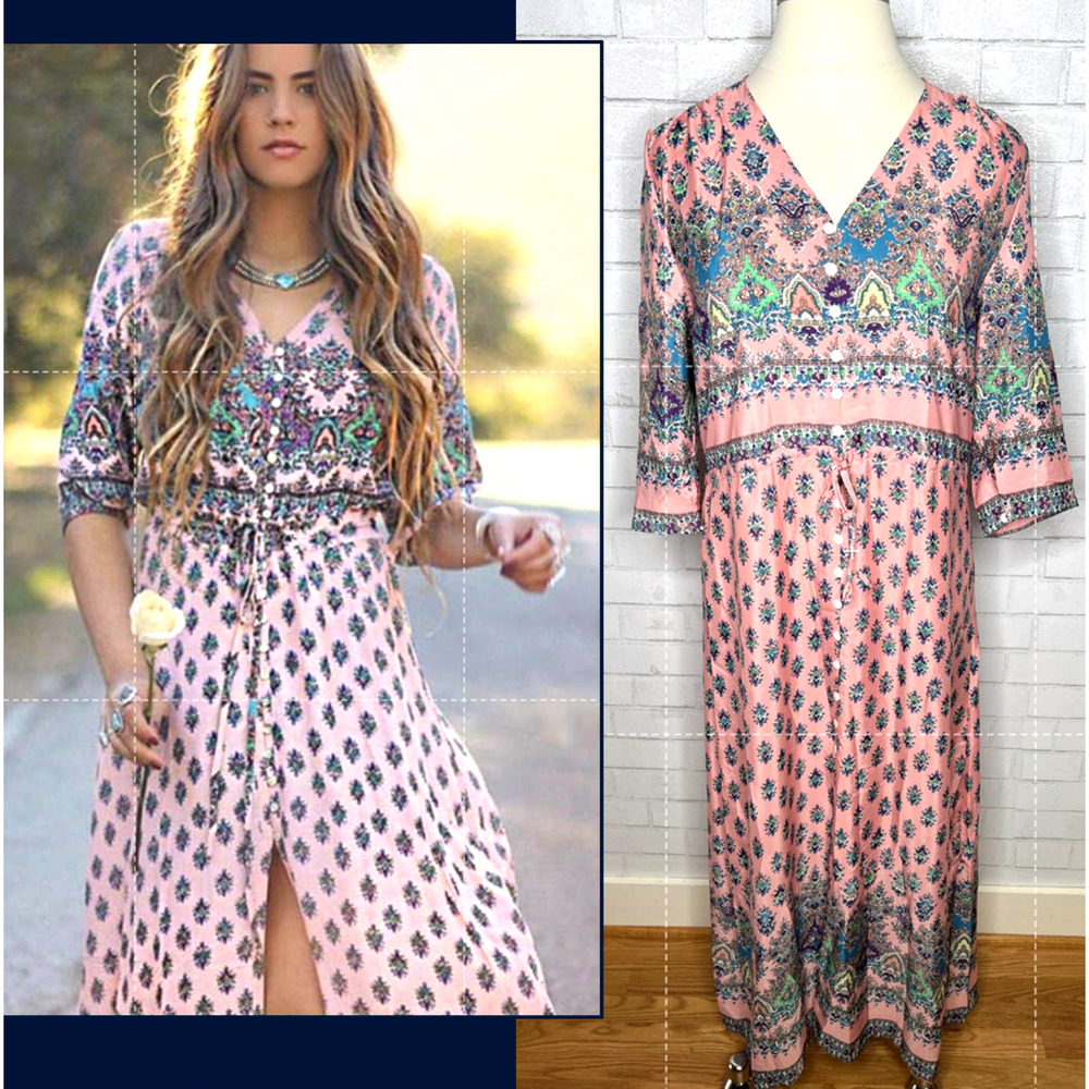 Anthropologie Plus 2XL Boho Maxi Dress Flowy Long Sleeves Gypsy V Neck Pink Teal
